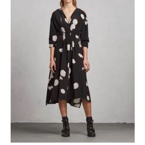 AllSaints Lavete Rodin 100% Silk Cold Shoulder Floral Midi Dress — Size XS